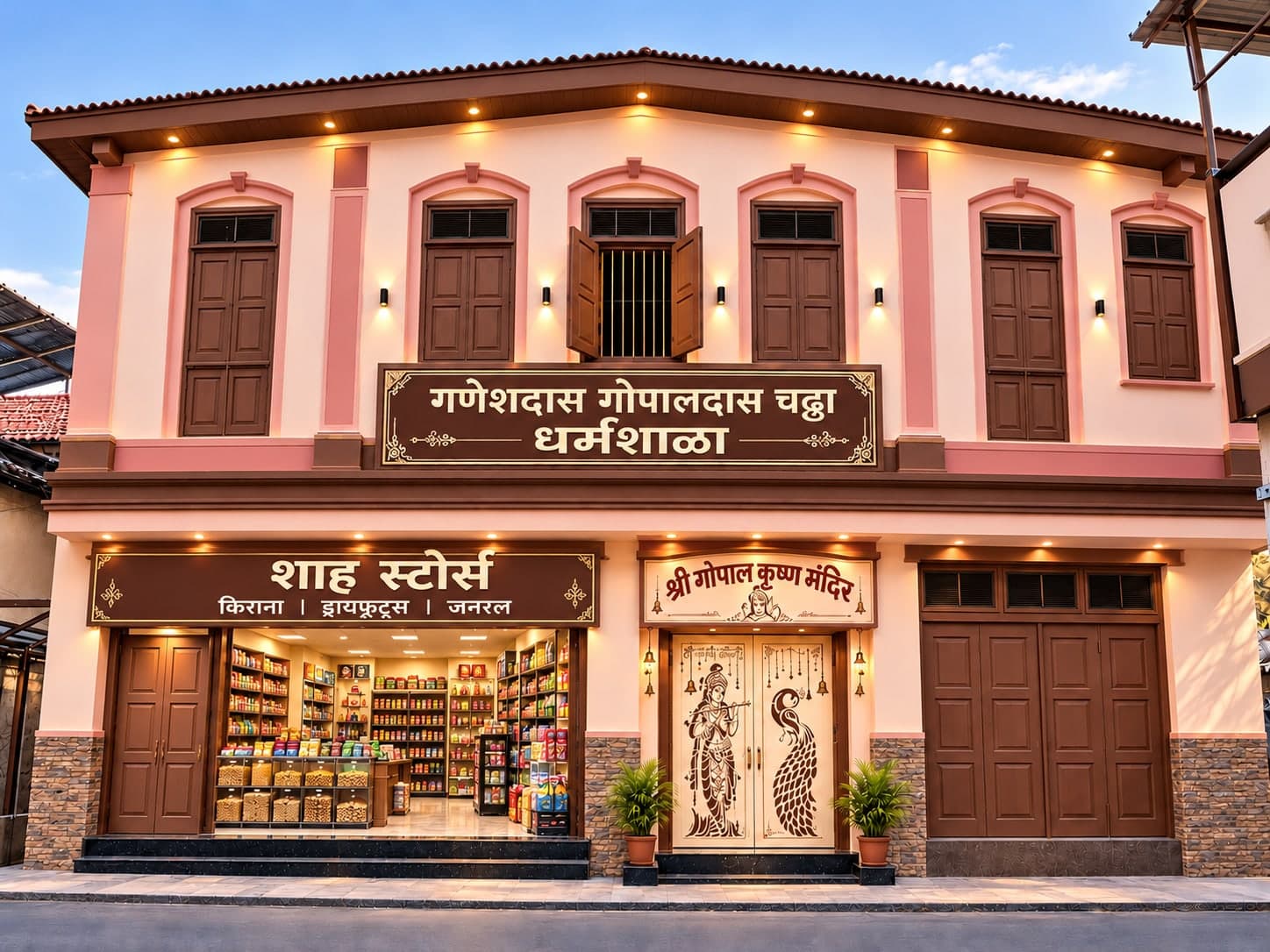 Front facade of Shree Ganeshdas Gopaldas Chadha Dharamshala with Shah Stores and the entrance to Shree Gopal Krishna Mandir