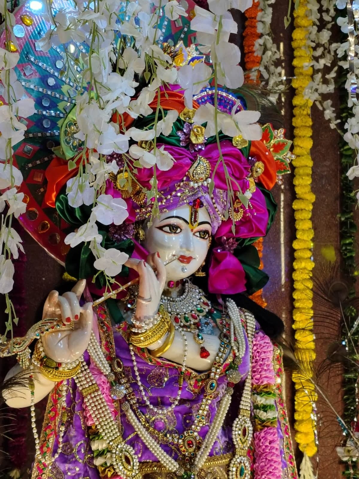 Close darshan of the serene face of Shree Gopal Krishna with floral crown and garlands